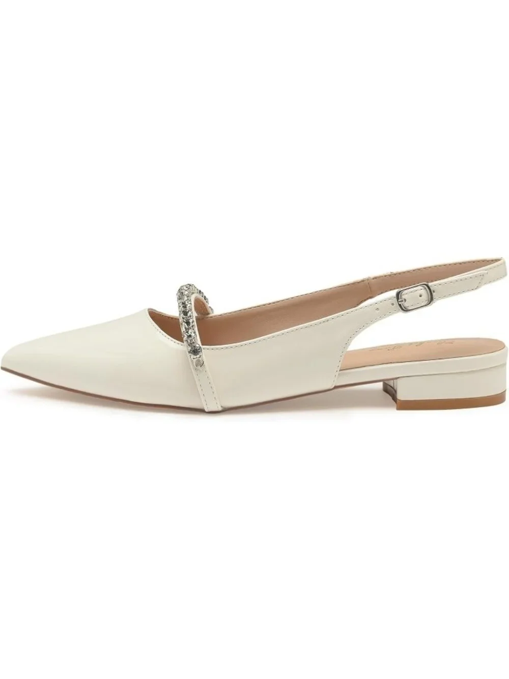 Women's White Patent Leather Slingback Flats Rhinestone Closed Pointed Toe Shoes